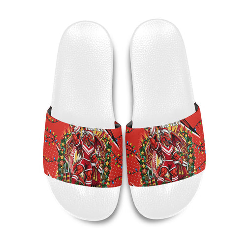 Personalized St. George Illawarra Dragons Rugby Christmas Slide Sandals Holiday Mascot Graphic Art Festive Lights Bow