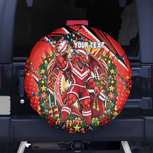 Personalized St. George Illawarra Dragons Rugby Christmas Spare Tire Cover Holiday Mascot Graphic Art Festive Lights Bow