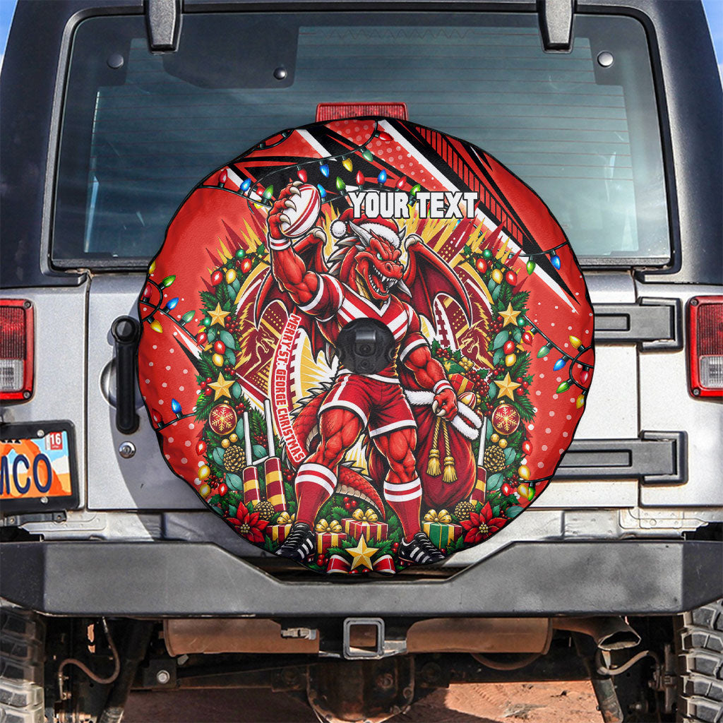 Personalized St. George Illawarra Dragons Rugby Christmas Spare Tire Cover Holiday Mascot Graphic Art Festive Lights Bow