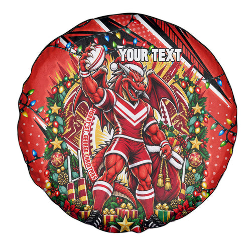 Personalized St. George Illawarra Dragons Rugby Christmas Spare Tire Cover Holiday Mascot Graphic Art Festive Lights Bow