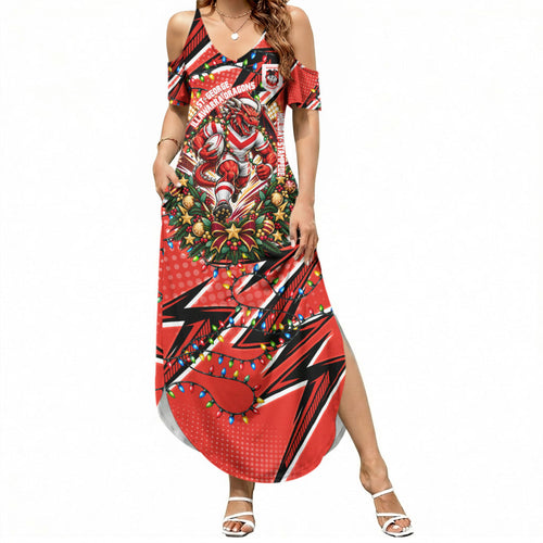Personalized St. George Illawarra Dragons Rugby Christmas Summer Maxi Dress Holiday Mascot Graphic Art Festive Lights Bow
