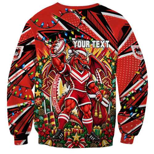 Personalized St. George Illawarra Dragons Rugby Christmas Sweatshirt Holiday Mascot Graphic Art Festive Lights Bow