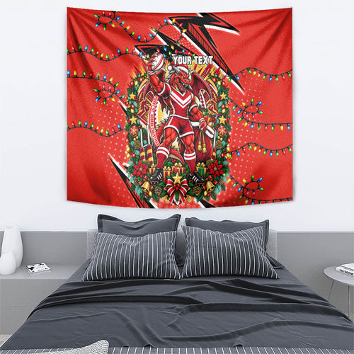 Personalized St. George Illawarra Dragons Rugby Christmas Tapestry Holiday Mascot Graphic Art Festive Lights Bow