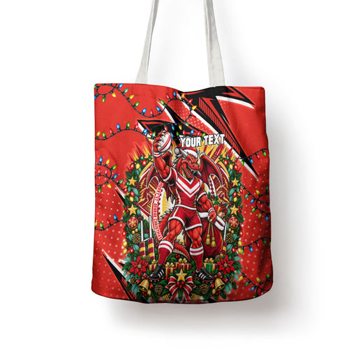 Personalized St. George Illawarra Dragons Rugby Christmas Tote Bag Holiday Mascot Graphic Art Festive Lights Bow