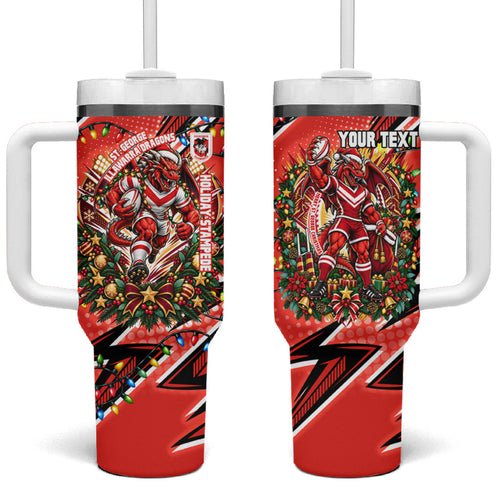 Personalized St. George Illawarra Dragons Rugby Christmas Tumbler With Handle Holiday Mascot Graphic Art Festive Lights Bow