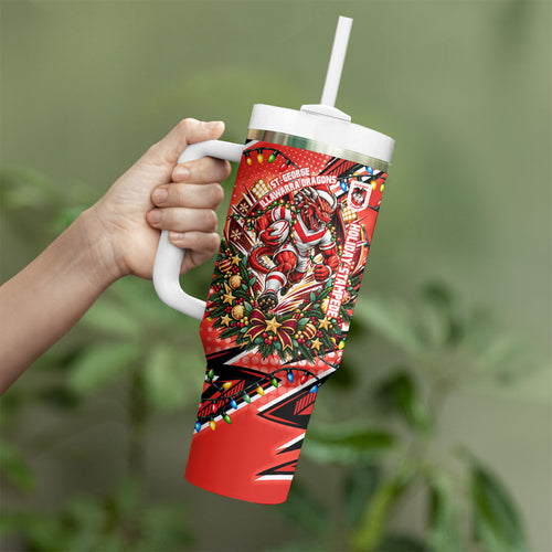 Personalized St. George Illawarra Dragons Rugby Christmas Tumbler With Handle Holiday Mascot Graphic Art Festive Lights Bow