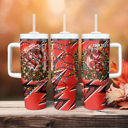 Personalized St. George Illawarra Dragons Rugby Christmas Tumbler With Handle Holiday Mascot Graphic Art Festive Lights Bow