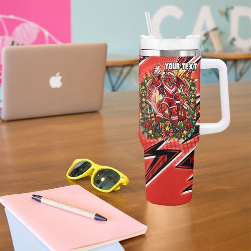 Personalized St. George Illawarra Dragons Rugby Christmas Tumbler With Handle Holiday Mascot Graphic Art Festive Lights Bow