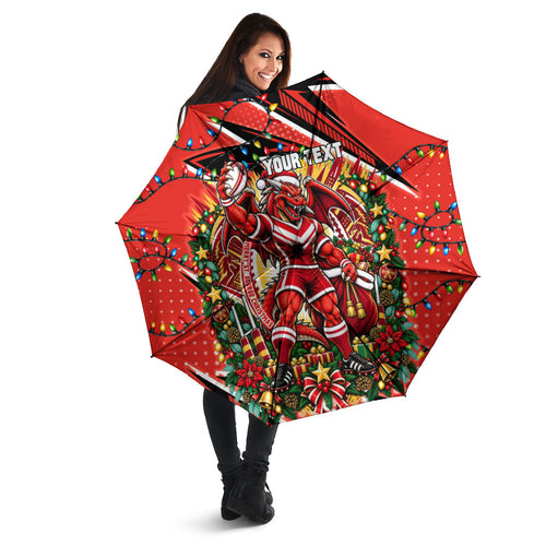 Personalized St. George Illawarra Dragons Rugby Christmas Umbrella Holiday Mascot Graphic Art Festive Lights Bow