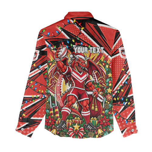 Personalized St. George Illawarra Dragons Rugby Christmas Women Casual Shirt Holiday Mascot Graphic Art Festive Lights Bow