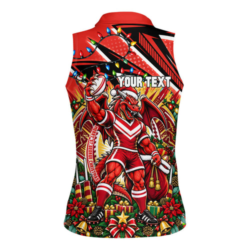 Personalized St. George Illawarra Dragons Rugby Christmas Women Sleeveless Polo Shirt Holiday Mascot Graphic Art Festive Lights Bow
