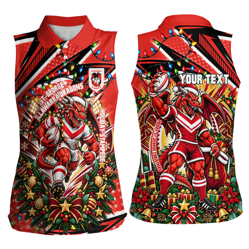 Personalized St. George Illawarra Dragons Rugby Christmas Women Sleeveless Polo Shirt Holiday Mascot Graphic Art Festive Lights Bow
