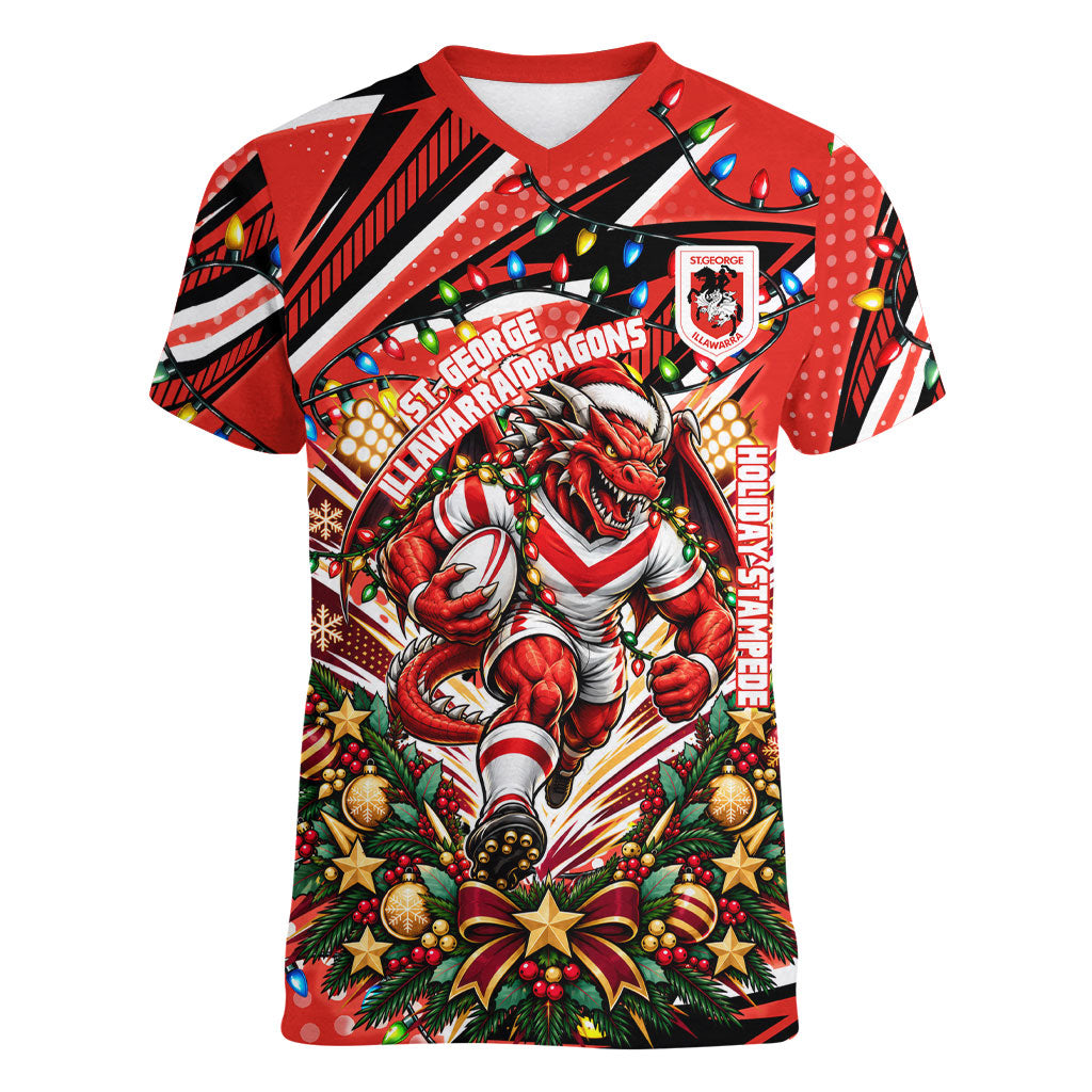 Personalized St. George Illawarra Dragons Rugby Christmas Women V-Neck T-Shirt Holiday Mascot Graphic Art Festive Lights Bow