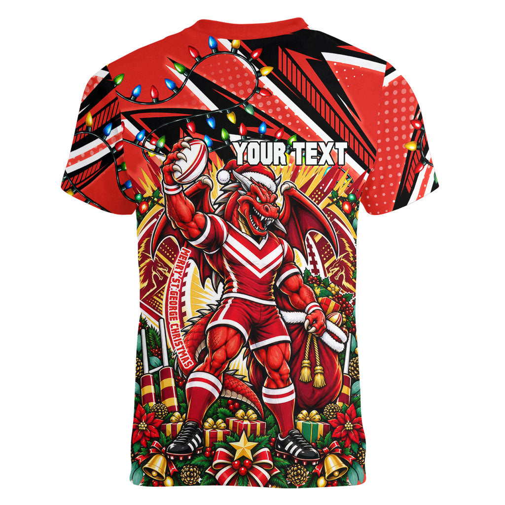 Personalized St. George Illawarra Dragons Rugby Christmas Women V-Neck T-Shirt Holiday Mascot Graphic Art Festive Lights Bow