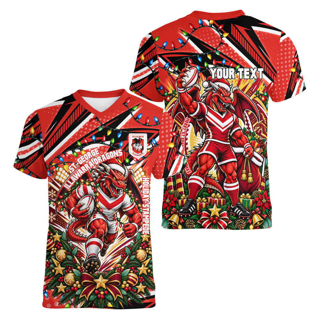 Personalized St. George Illawarra Dragons Rugby Christmas Women V-Neck T-Shirt Holiday Mascot Graphic Art Festive Lights Bow