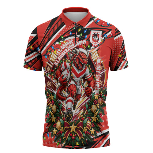 Personalized St. George Illawarra Dragons Rugby Christmas Zipper Polo Shirt Holiday Mascot Graphic Art Festive Lights Bow