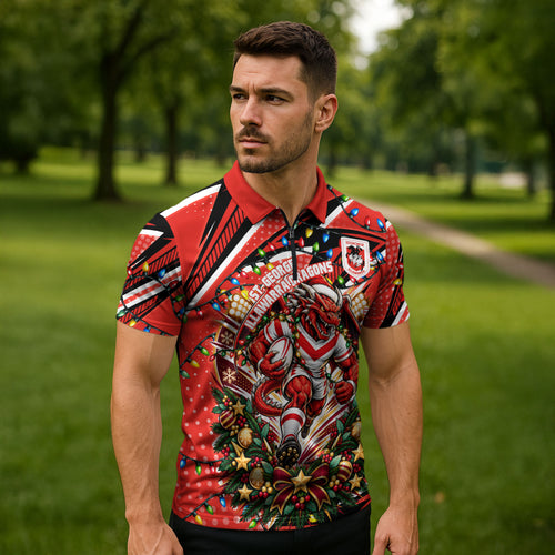 Personalized St. George Illawarra Dragons Rugby Christmas Zipper Polo Shirt Holiday Mascot Graphic Art Festive Lights Bow
