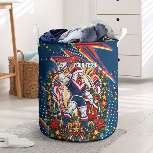 Personalized Sydney Roosters Rugby Christmas Laundry Basket Holiday Mascot Graphic Art Festive Lights Bow