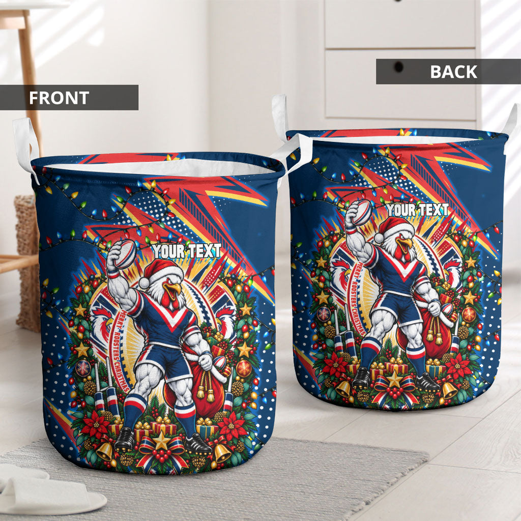 Personalized Sydney Roosters Rugby Christmas Laundry Basket Holiday Mascot Graphic Art Festive Lights Bow