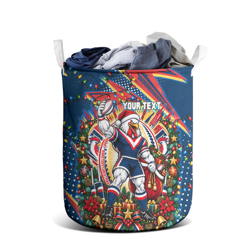 Personalized Sydney Roosters Rugby Christmas Laundry Basket Holiday Mascot Graphic Art Festive Lights Bow