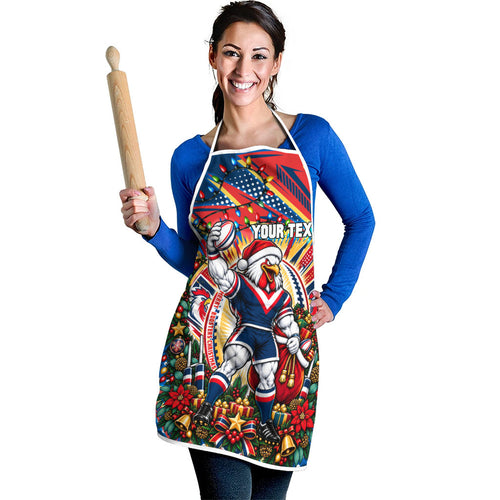 Personalized Sydney Roosters Rugby Christmas Apron Holiday Mascot Graphic Art Festive Lights Bow