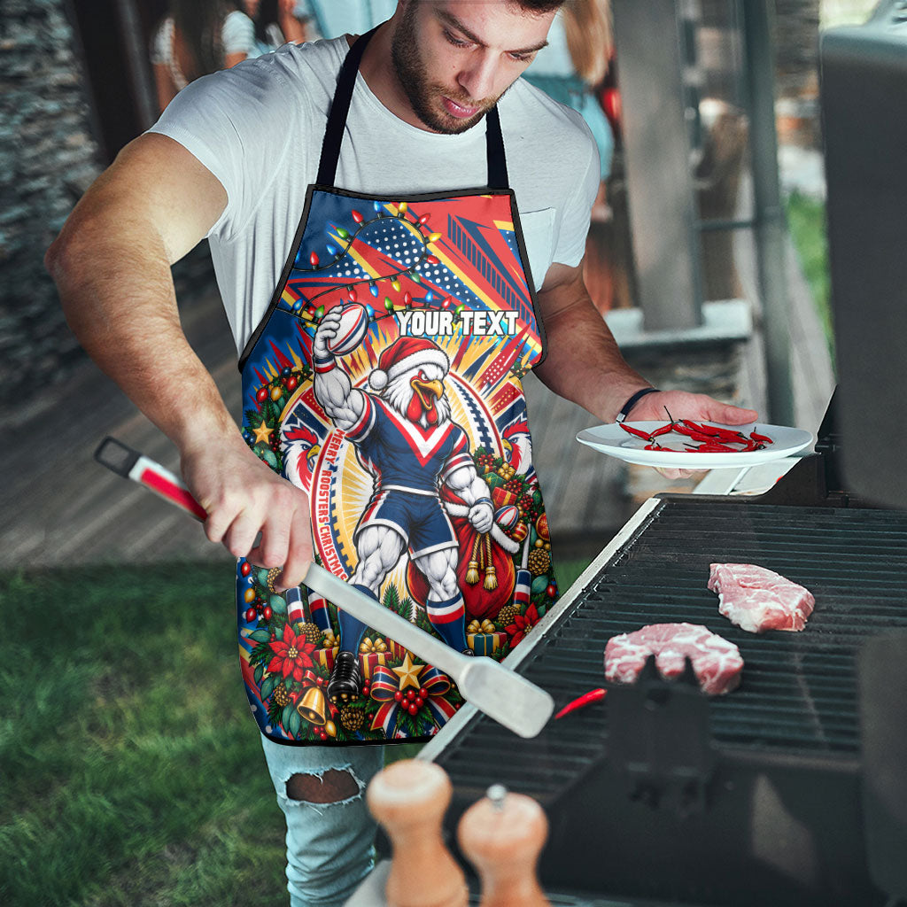 Personalized Sydney Roosters Rugby Christmas Apron Holiday Mascot Graphic Art Festive Lights Bow