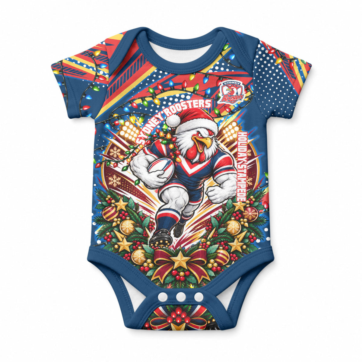 Personalized Sydney Roosters Rugby Christmas Baby Onesie Holiday Mascot Graphic Art Festive Lights Bow