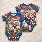 Personalized Sydney Roosters Rugby Christmas Baby Onesie Holiday Mascot Graphic Art Festive Lights Bow