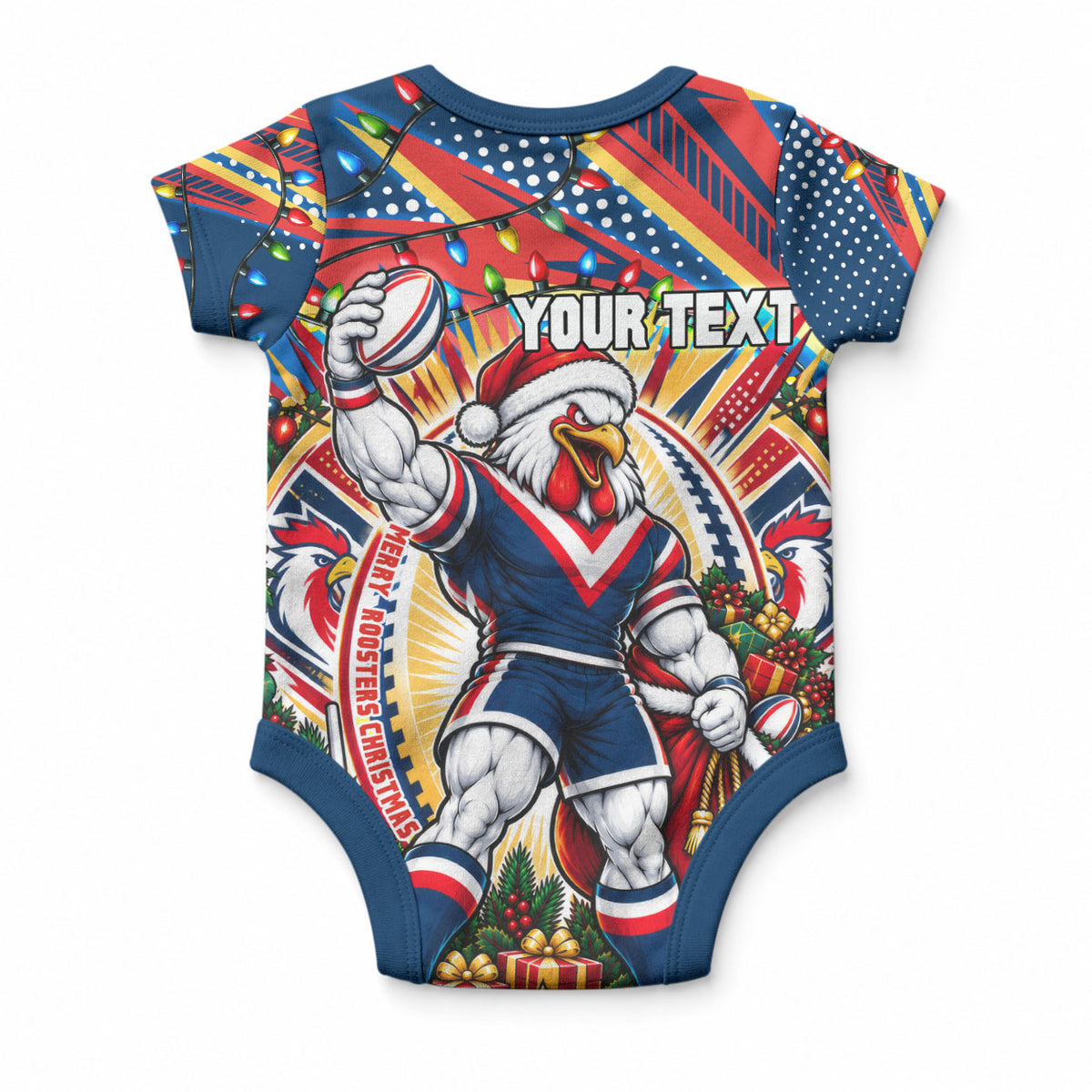 Personalized Sydney Roosters Rugby Christmas Baby Onesie Holiday Mascot Graphic Art Festive Lights Bow