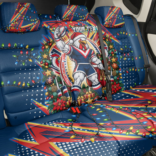 Personalized Sydney Roosters Rugby Christmas Back Car Seat Cover Holiday Mascot Graphic Art Festive Lights Bow