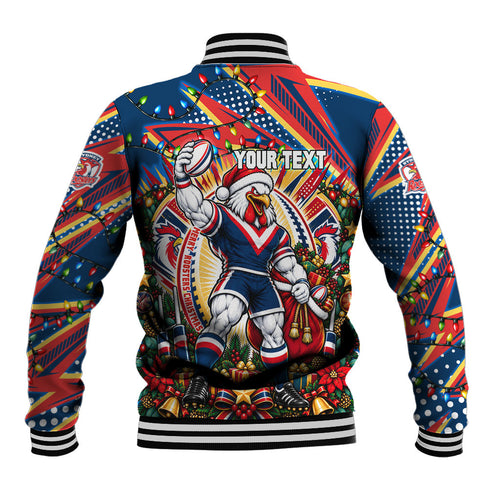 Personalized Sydney Roosters Rugby Christmas Baseball Jacket Holiday Mascot Graphic Art Festive Lights Bow