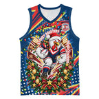 Personalized Sydney Roosters Rugby Christmas Basketball Jersey Holiday Mascot Graphic Art Festive Lights Bow
