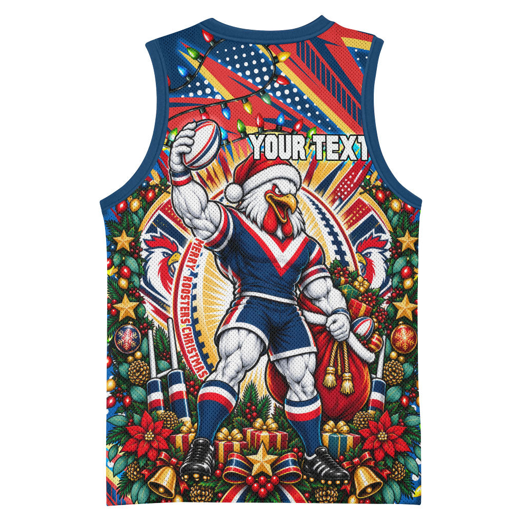Personalized Sydney Roosters Rugby Christmas Basketball Jersey Holiday Mascot Graphic Art Festive Lights Bow