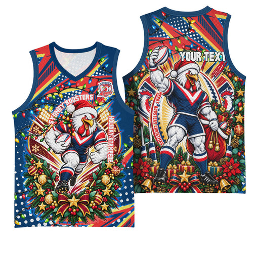 Personalized Sydney Roosters Rugby Christmas Basketball Jersey Holiday Mascot Graphic Art Festive Lights Bow