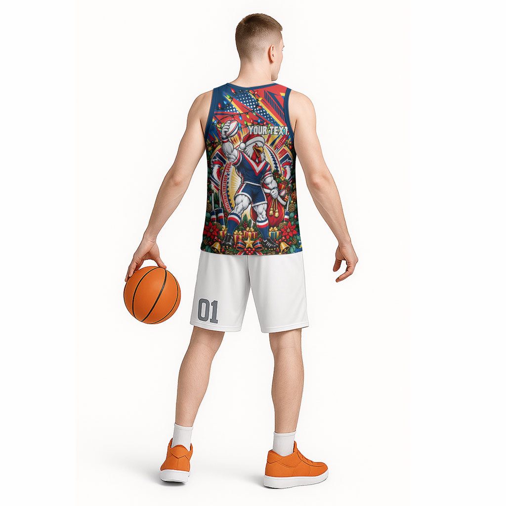 Personalized Sydney Roosters Rugby Christmas Basketball Jersey Holiday Mascot Graphic Art Festive Lights Bow