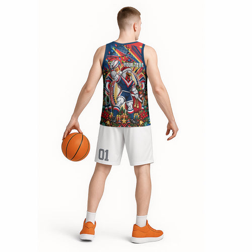 Personalized Sydney Roosters Rugby Christmas Basketball Jersey Holiday Mascot Graphic Art Festive Lights Bow