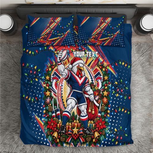Personalized Sydney Roosters Rugby Christmas Bedding Set Holiday Mascot Graphic Art Festive Lights Bow