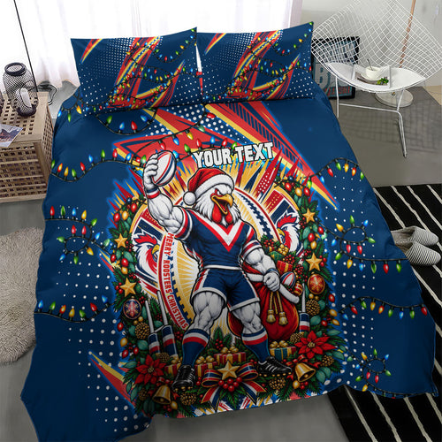 Personalized Sydney Roosters Rugby Christmas Bedding Set Holiday Mascot Graphic Art Festive Lights Bow