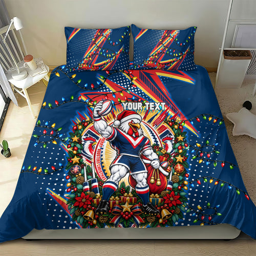 Personalized Sydney Roosters Rugby Christmas Bedding Set Holiday Mascot Graphic Art Festive Lights Bow
