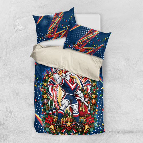 Personalized Sydney Roosters Rugby Christmas Bedding Set Holiday Mascot Graphic Art Festive Lights Bow