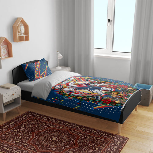 Personalized Sydney Roosters Rugby Christmas Bedding Set Holiday Mascot Graphic Art Festive Lights Bow