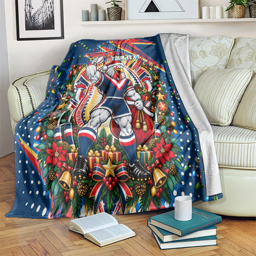 Personalized Sydney Roosters Rugby Christmas Blanket Holiday Mascot Graphic Art Festive Lights Bow