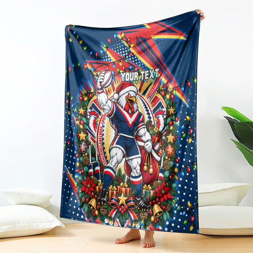 Personalized Sydney Roosters Rugby Christmas Blanket Holiday Mascot Graphic Art Festive Lights Bow
