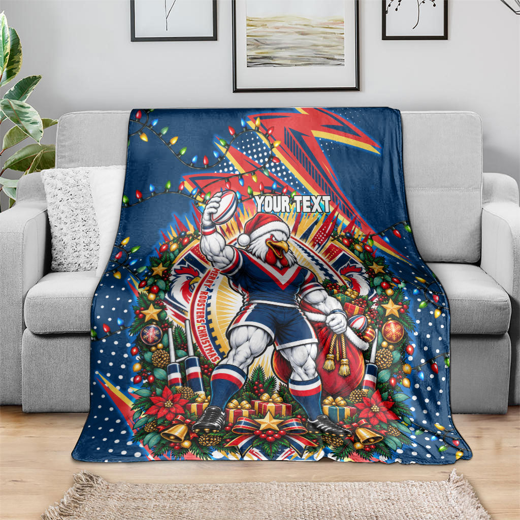 Personalized Sydney Roosters Rugby Christmas Blanket Holiday Mascot Graphic Art Festive Lights Bow