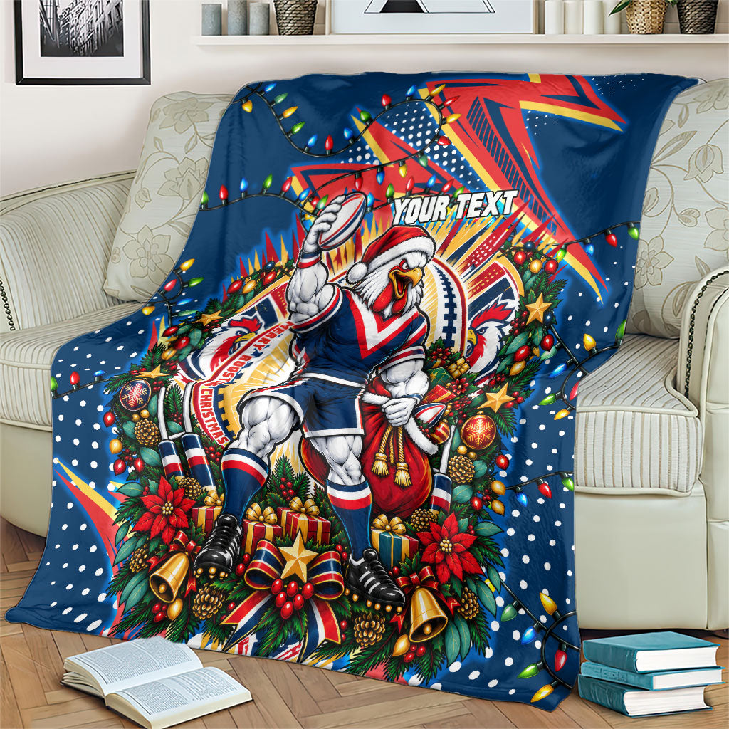 Personalized Sydney Roosters Rugby Christmas Blanket Holiday Mascot Graphic Art Festive Lights Bow