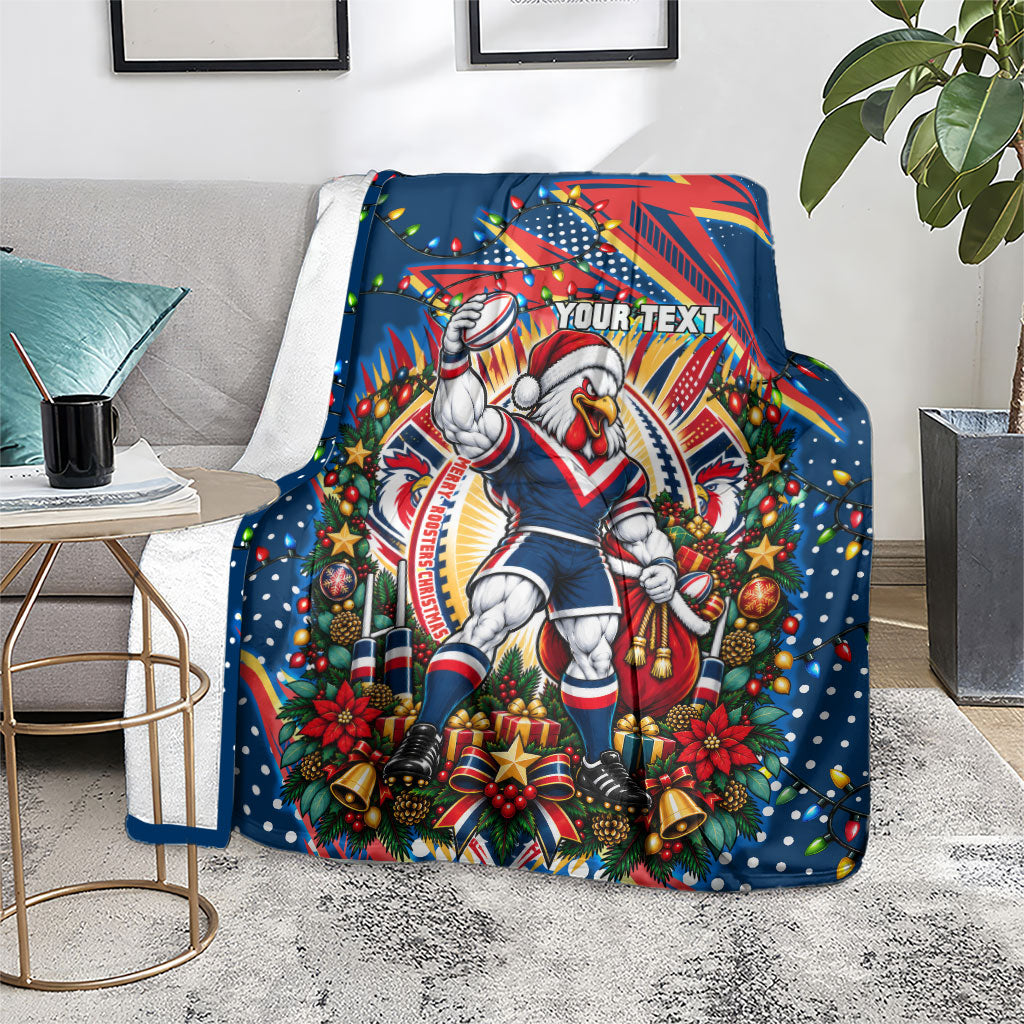 Personalized Sydney Roosters Rugby Christmas Blanket Holiday Mascot Graphic Art Festive Lights Bow