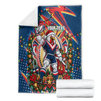 Personalized Sydney Roosters Rugby Christmas Blanket Holiday Mascot Graphic Art Festive Lights Bow