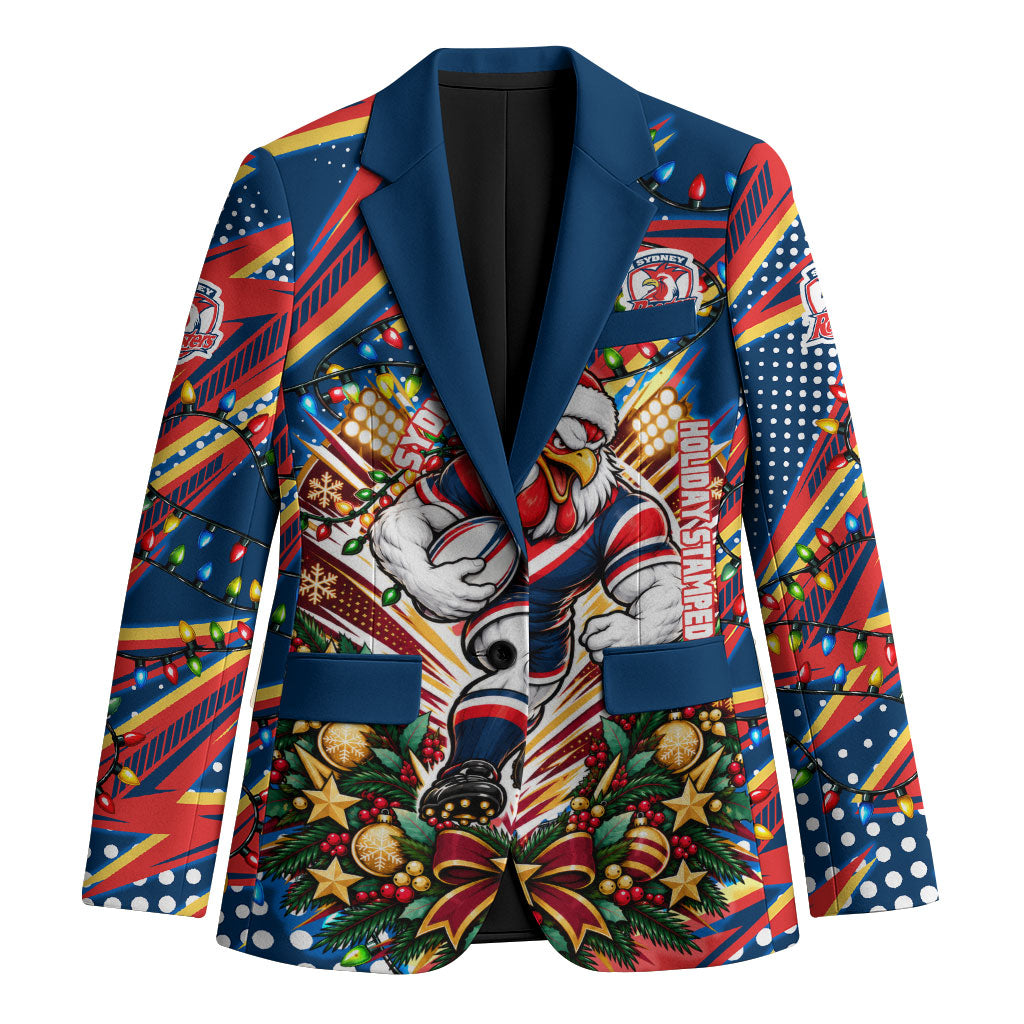 Personalized Sydney Roosters Rugby Christmas Blazer Holiday Mascot Graphic Art Festive Lights Bow