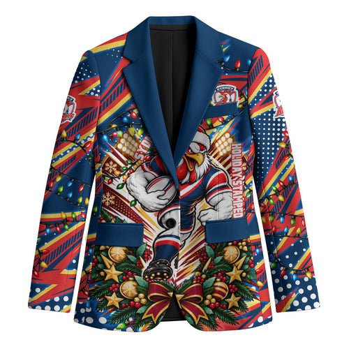 Personalized Sydney Roosters Rugby Christmas Blazer Holiday Mascot Graphic Art Festive Lights Bow