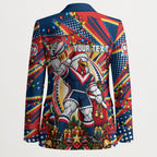 Personalized Sydney Roosters Rugby Christmas Blazer Holiday Mascot Graphic Art Festive Lights Bow
